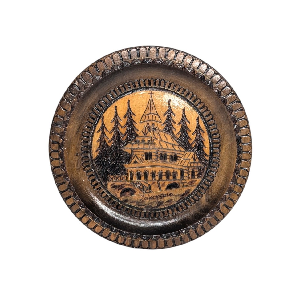 Vintage Syrena Zakopane Polish Wood Burned Carved Folk Art Plate 10 Inch